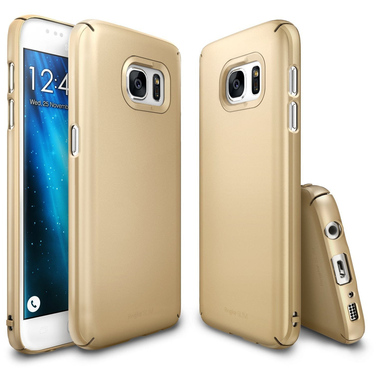 Galaxy S7 Case | Slim - Three views of a gold slim phone case showing the front, back, and bottom ports on a white background.