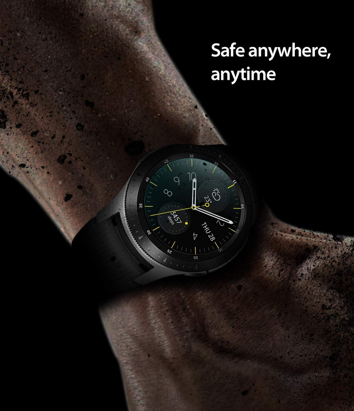 Galaxy Watch 42mm Screen Protector | Glass - Galaxy Watch 42mm Screen Protector - A Galaxy Watch on a rugged, dirt-covered wrist with the text Safe anywhere, anytime.
