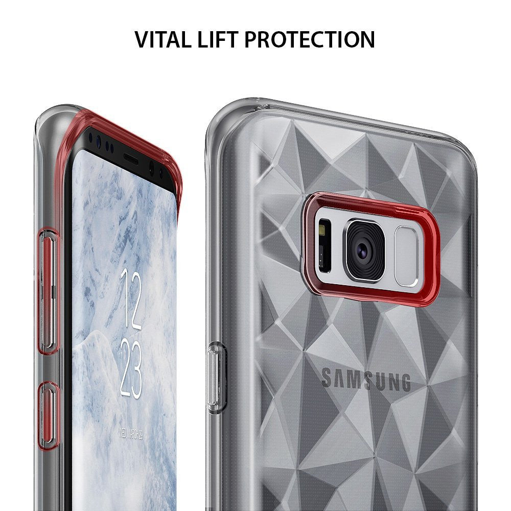 Galaxy S8 Case | Air Prism - Clear phone case with geometric pattern and red accents on a Samsung Galaxy S8.