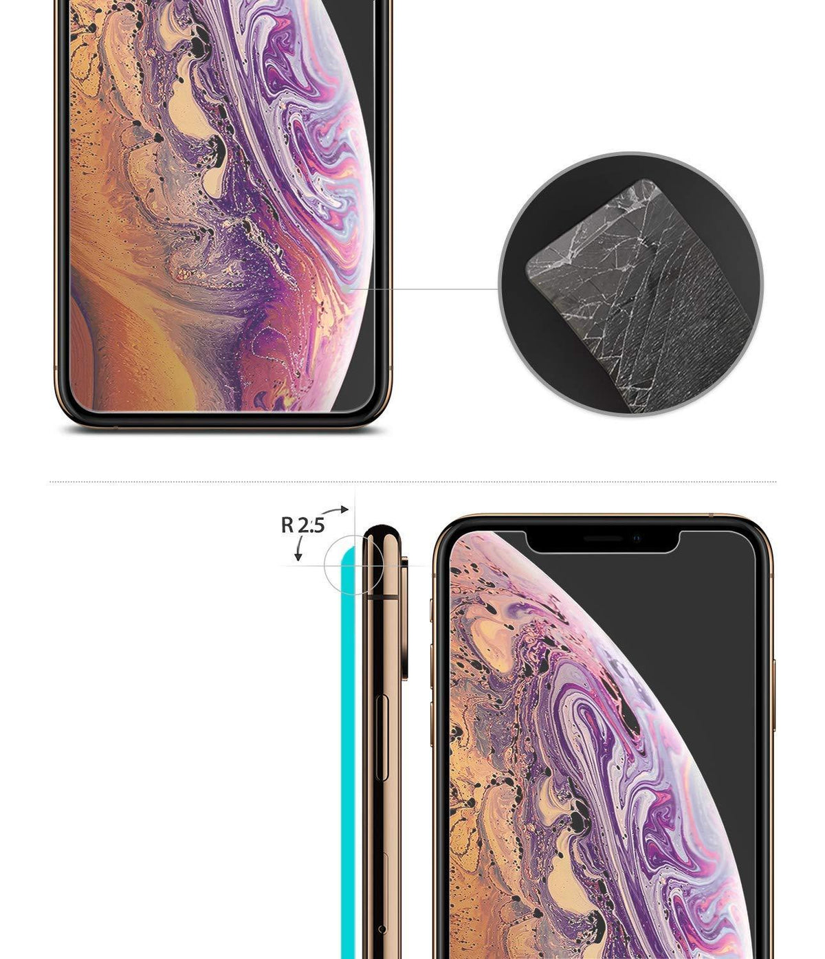 iPhone XS Screen Protector | Invisible Defender Glass - iPhone XS with shattered glass inset and side profile view.