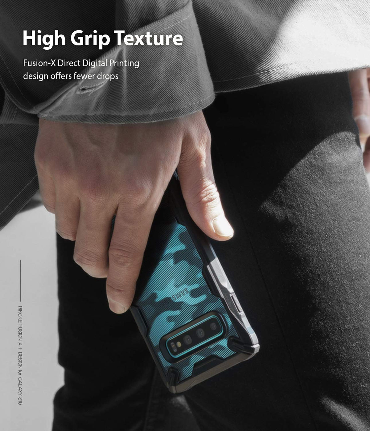 Galaxy S10 Case | Fusion-X Design - Hand holding a Galaxy S10 with a blue camouflage Fusion-X case featuring a high-grip texture.