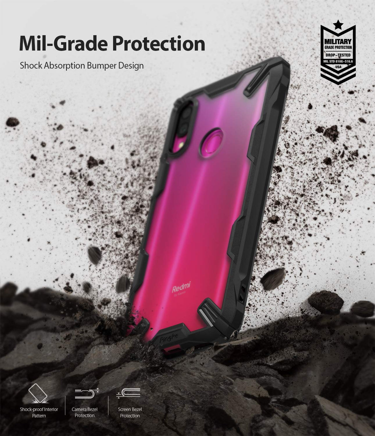 Redmi Note 7 / 7 Pro Case | Fusion-X - A pink Redmi phone in a black shock-absorbent case surrounded by flying debris.