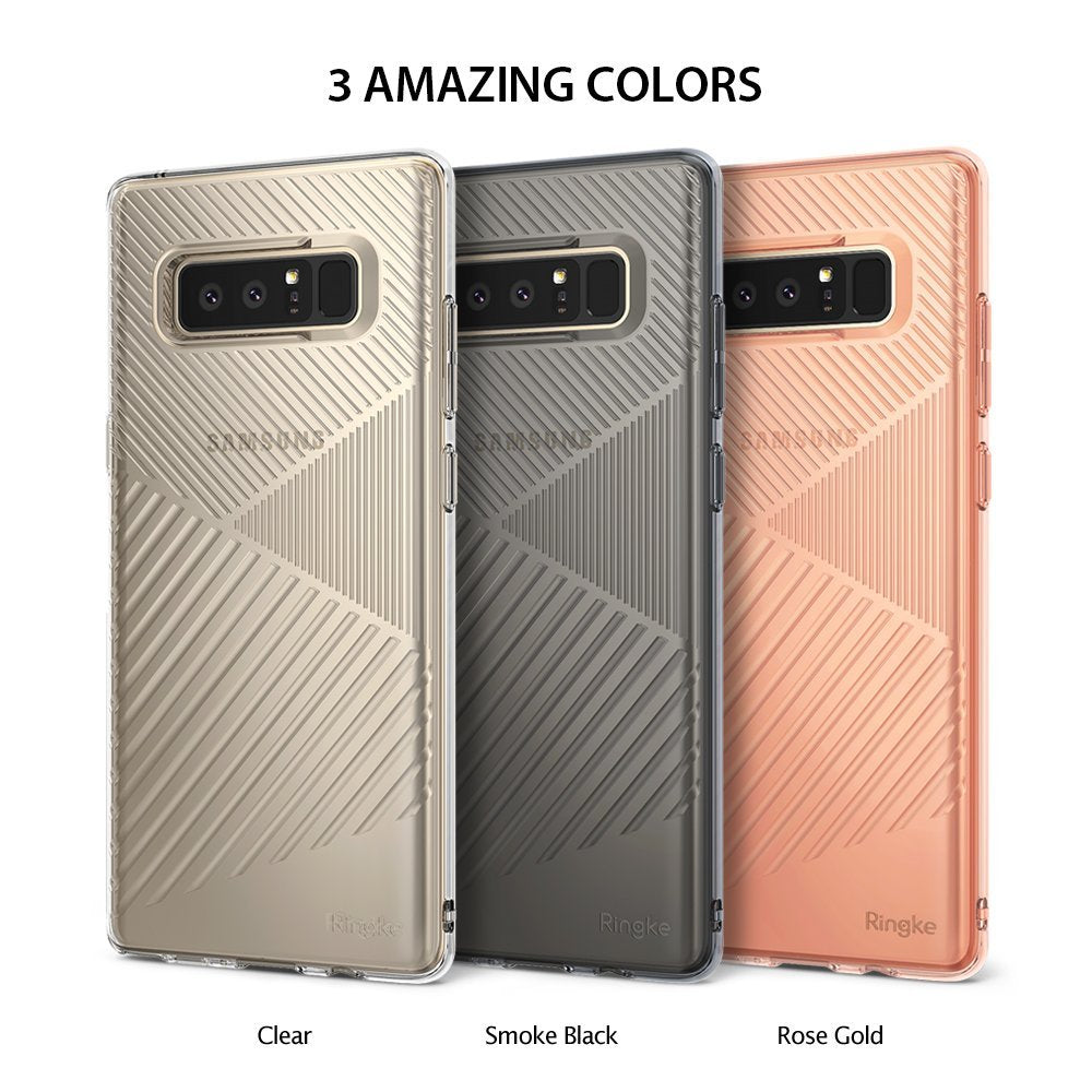 Galaxy Note 8 Case | Bevel - Three Galaxy Note 8 cases in clear, smoke black, and rose gold with diagonal textured patterns.