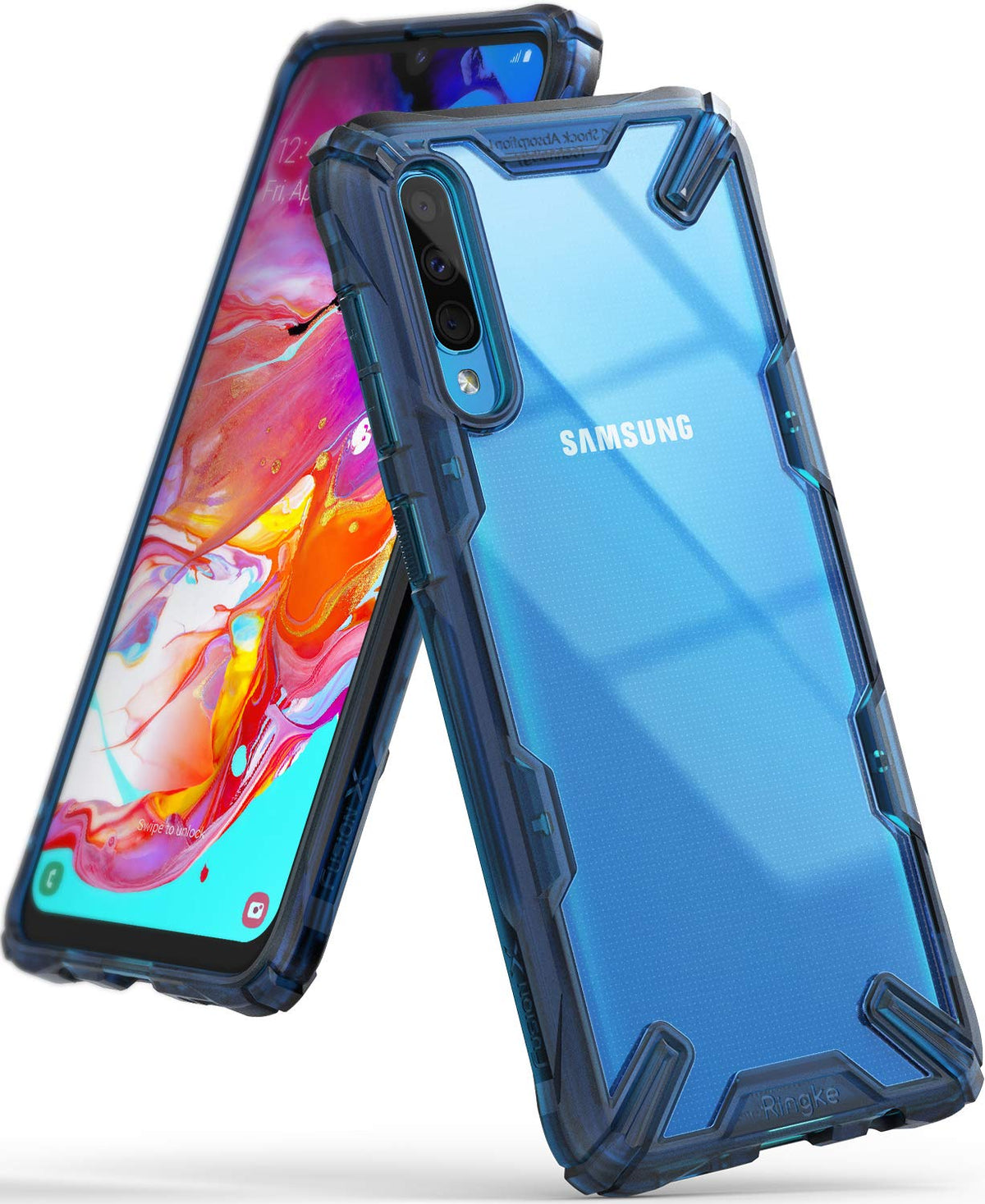 Galaxy A70 Case | Fusion-X - Blue transparent protective phone case with reinforced corners and triple camera cutout.