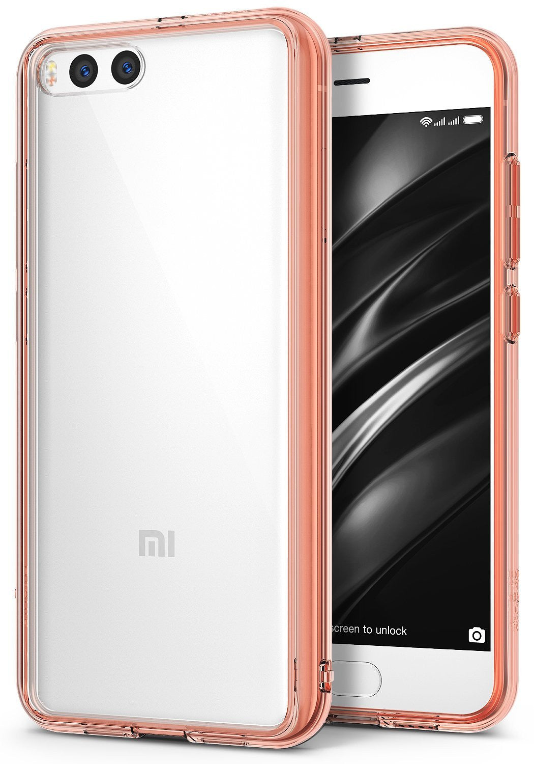 Mi 6 Case | Fusion - Clear protective phone case with a rose gold bumper frame shown from front and back angles.
