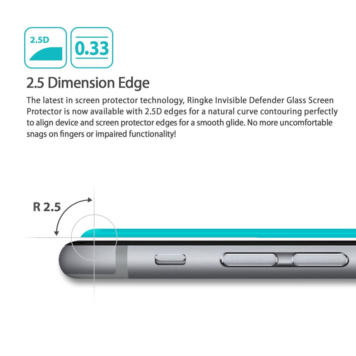 HTC One A9 Screen Protector | Invisible Defender Glass - HTC One A9 Screen Protector - Diagram showing a 2.5D curved edge glass screen protector on a smartphone edge.