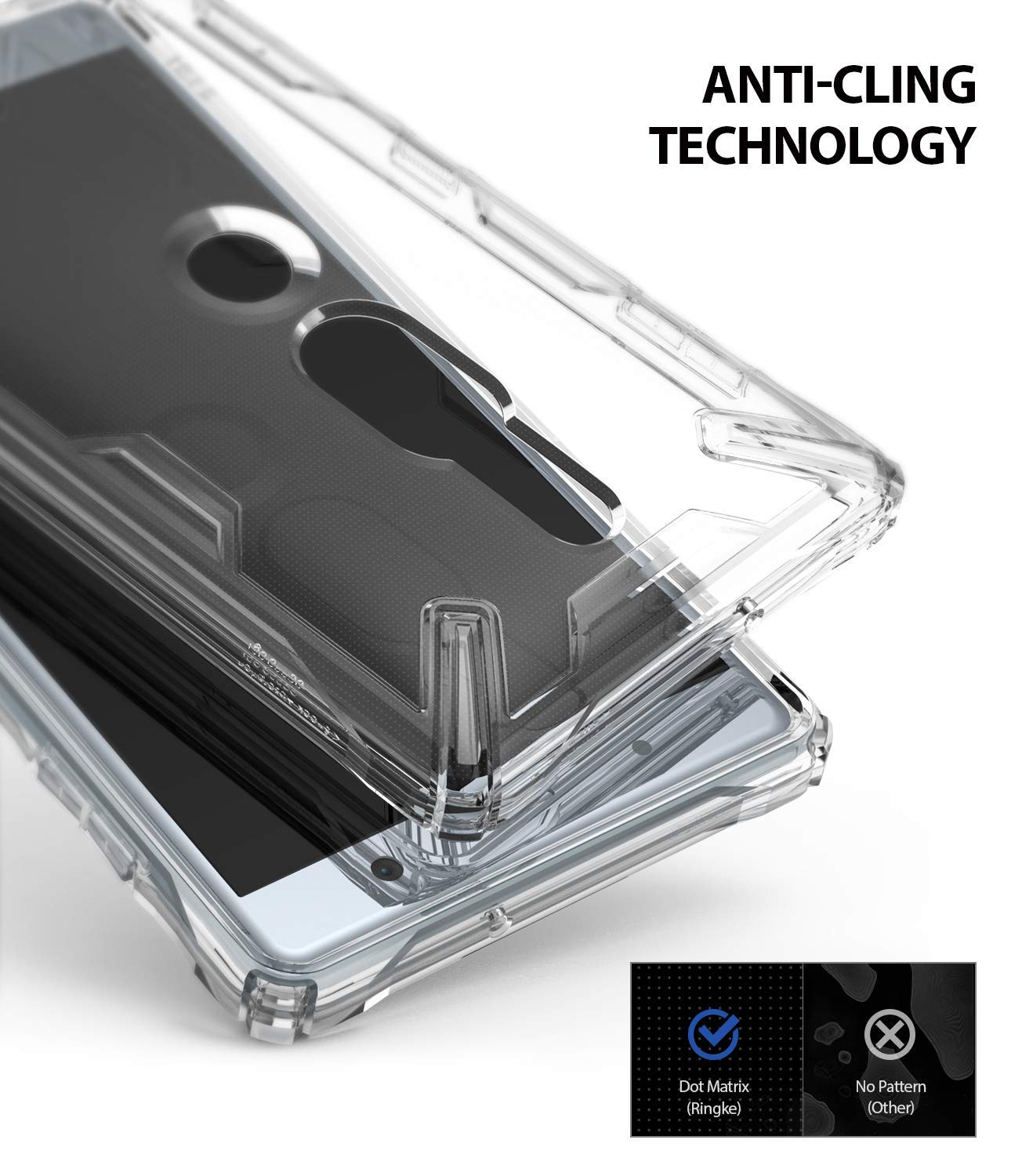 Xperia XZ2 Premium Case | Air-X - Clear phone case showing anti-cling technology with a comparison of dot matrix vs no pattern.
