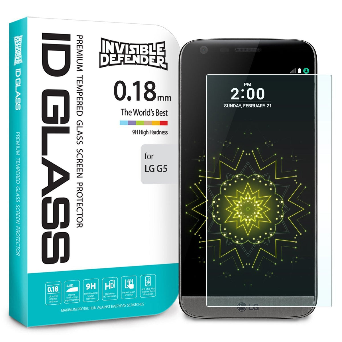 LG G5 Screen Protector | Invisible Defender Glass - LG G5 Screen Protector - Invisible Defender tempered glass packaging next to an LG G5 smartphone with a screen protector.