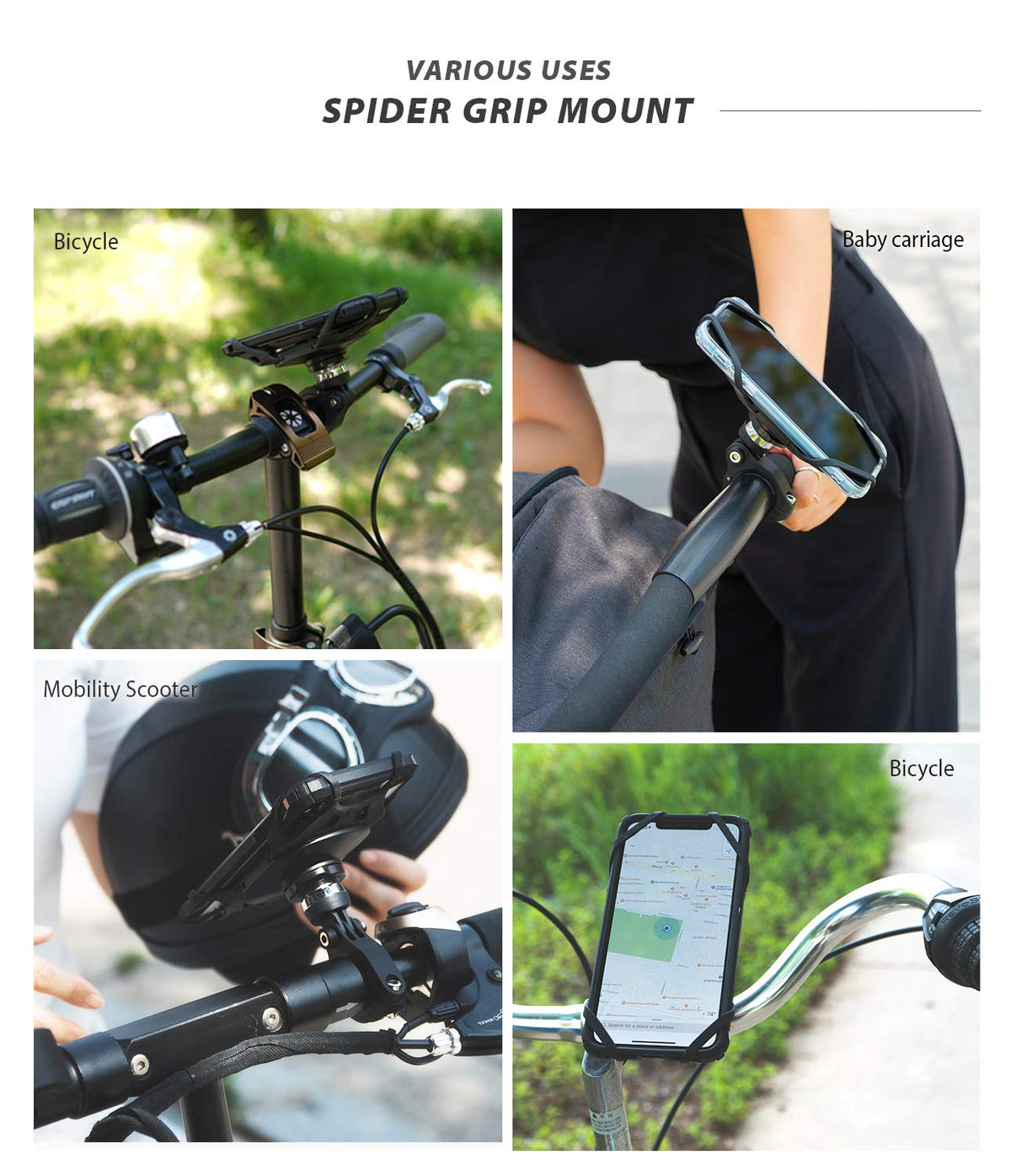 Spider Grip Bike Mount - Four panels showing a phone mount attached to a bicycle, baby carriage, and mobility scooter.