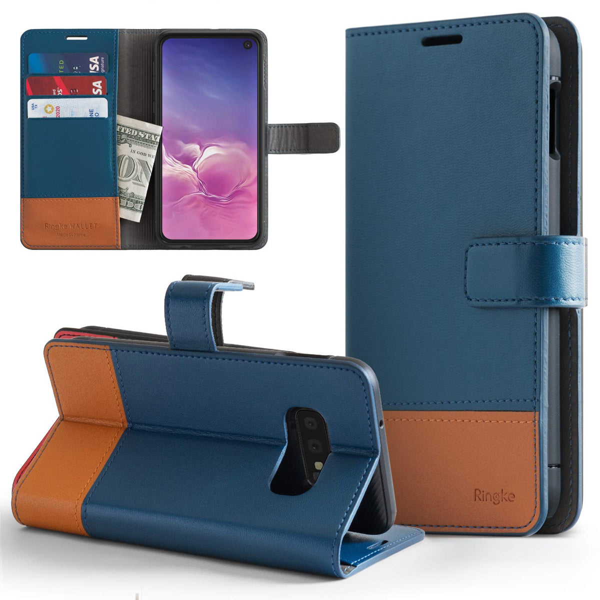 Galaxy S10e Case | Wallet - Blue and tan leather wallet case for Galaxy S10e with card slots, cash pocket, and kickstand.