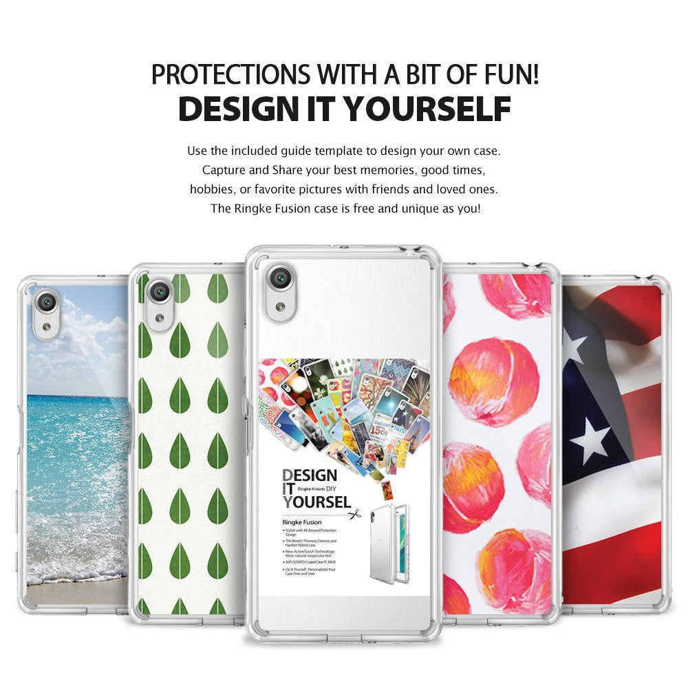 Xperia X Case | Fusion - Five clear smartphone cases with various custom designs, including a DIY template and text overlay.