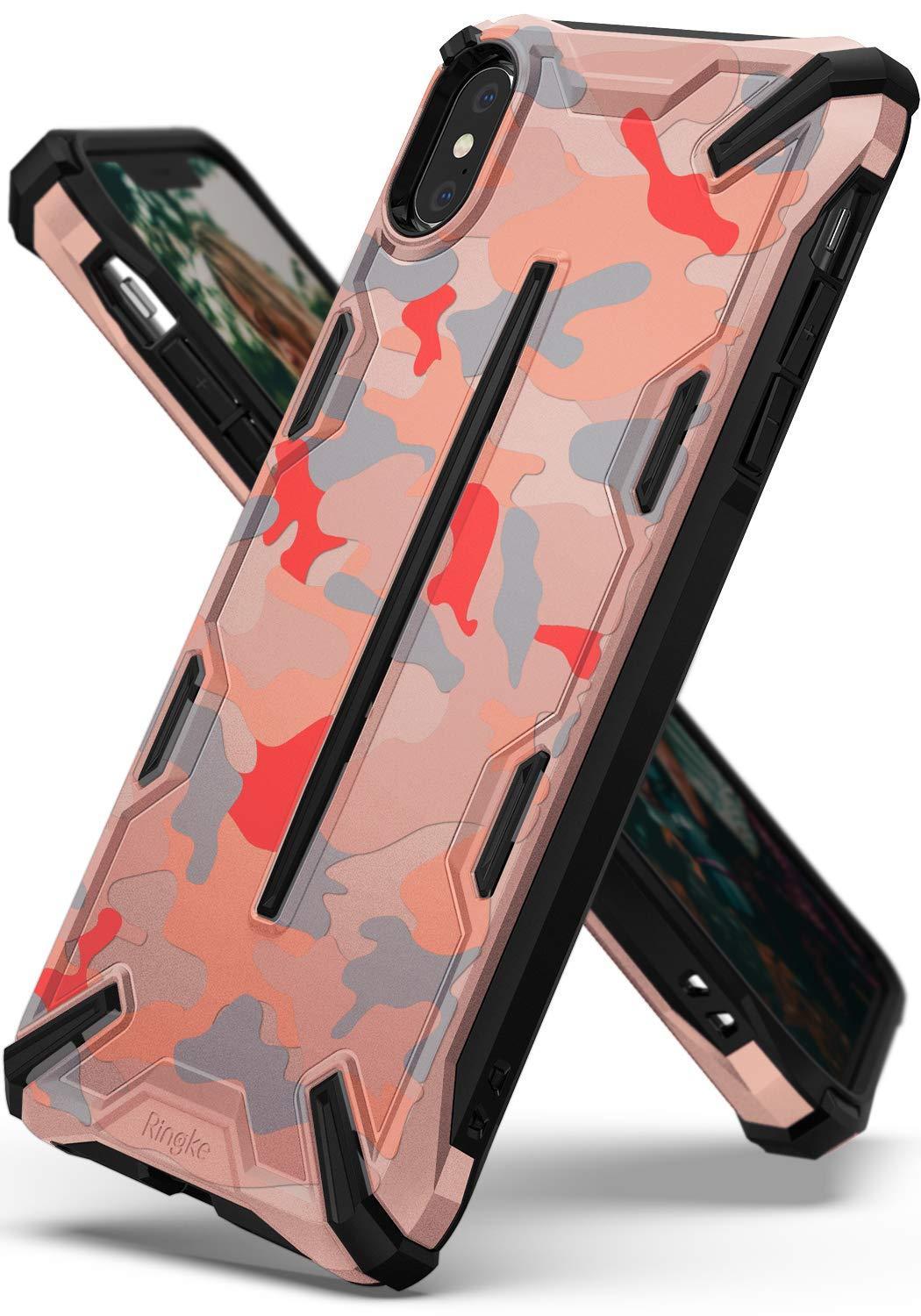 iPhone XS Case | Dual-X Design - Rugged pink camouflage phone case with black accents and X-shaped structural detailing.