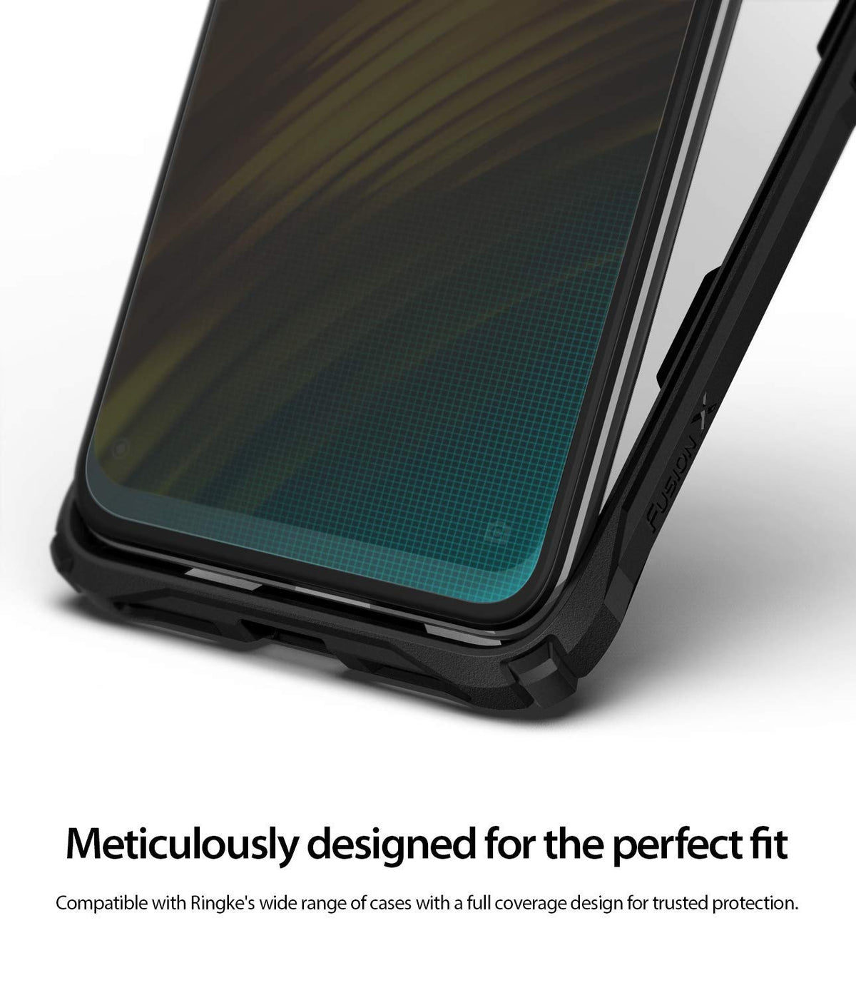 Pocophone F1 Screen Protector | Dual Easy Film - Pocophone F1 Screen Protector - Close-up of a smartphone screen with a protective film inside a black Fusion X case.