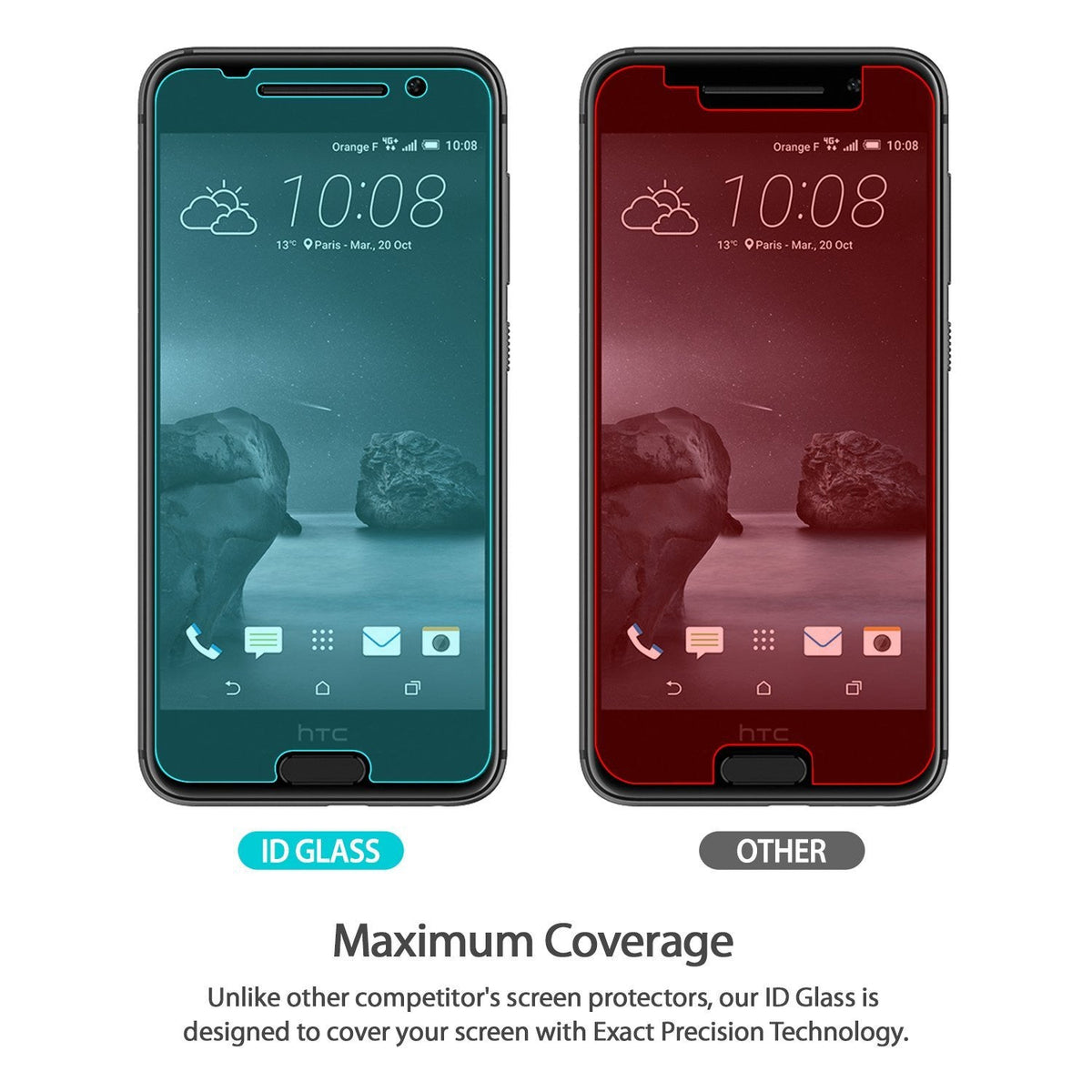 HTC One A9 Screen Protector | Invisible Defender Glass - HTC One A9 Screen Protector - Two smartphones showing full-screen coverage of ID Glass compared to a standard protector.