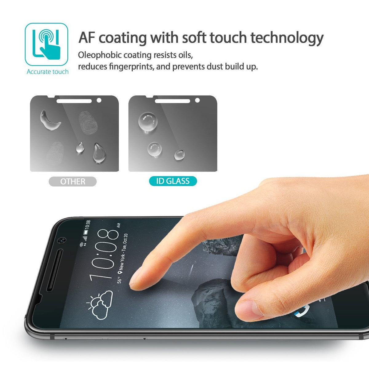 HTC One A9 Screen Protector | Invisible Defender Glass - HTC One A9 Screen Protector - Finger touching phone screen with comparison of oleophobic coating vs standard glass.