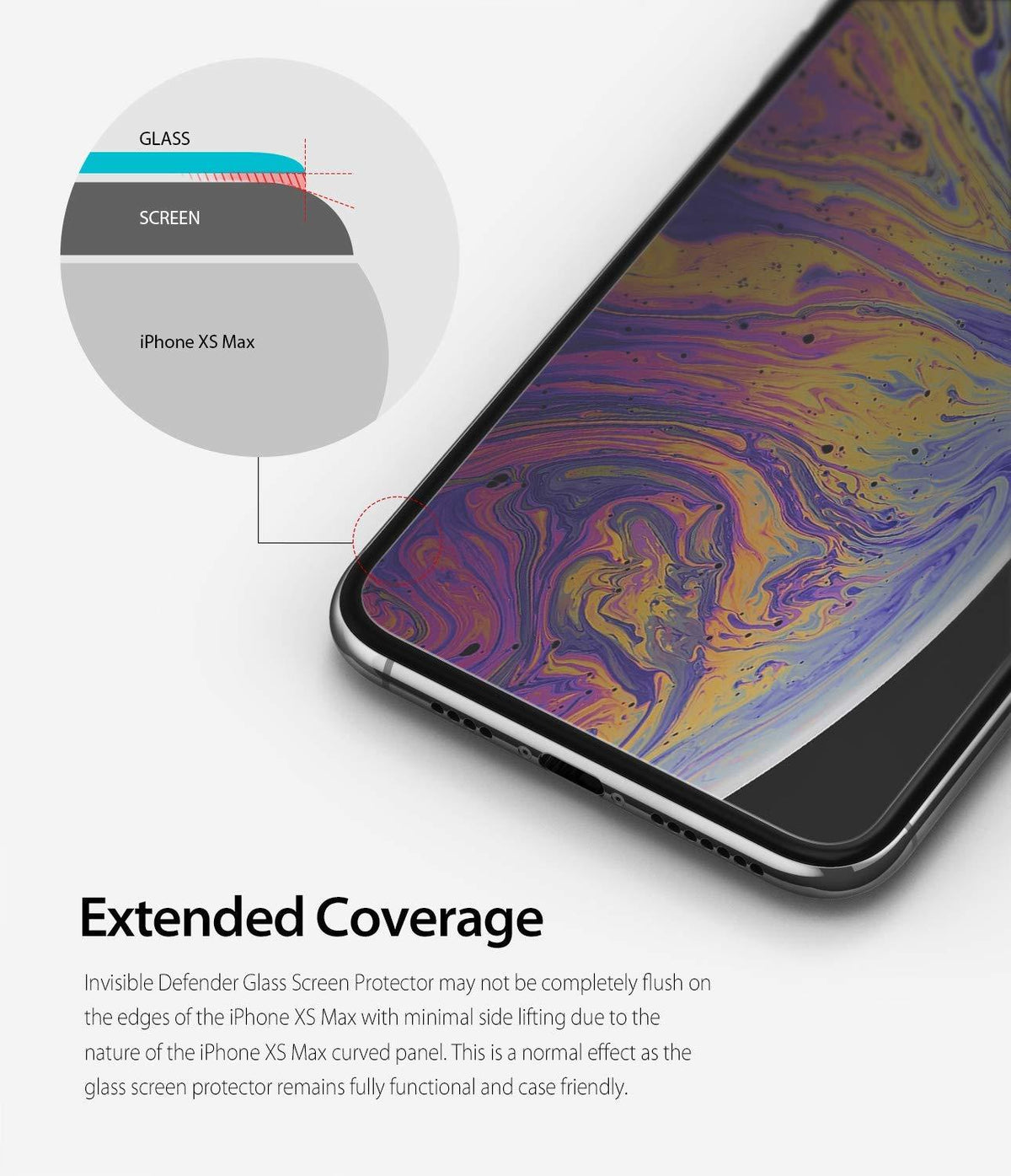 iPhone XS Max Screen Protector | Invisible Defender Glass - iPhone XS Max Screen Protector - Diagram showing glass screen protector edge fit on a curved iPhone XS Max display.