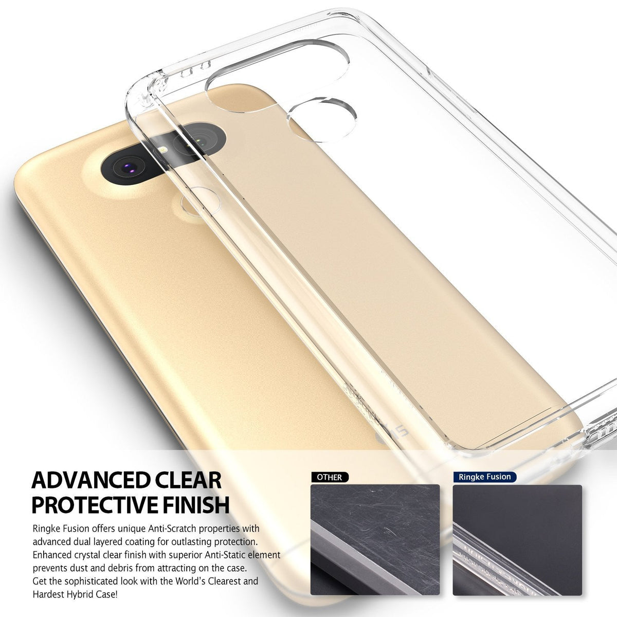 LG G5 Case | Fusion - Clear protective phone case hovering over a gold LG G5 smartphone with comparison scratch-test insets.