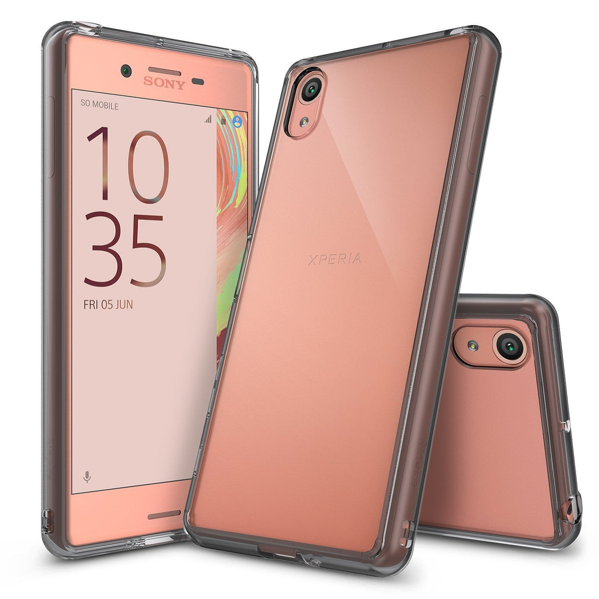Xperia X Case | Fusion - Rose gold Sony Xperia X phones shown from front and back inside clear protective cases.