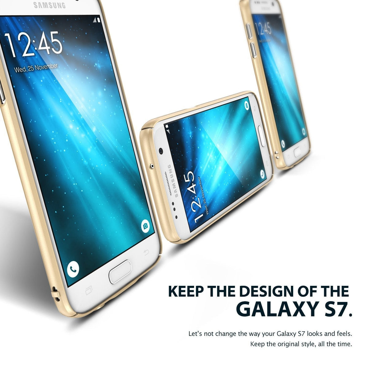 Galaxy S7 Case | Slim - Three gold Galaxy S7 phones in slim cases shown from different angles against a white background.