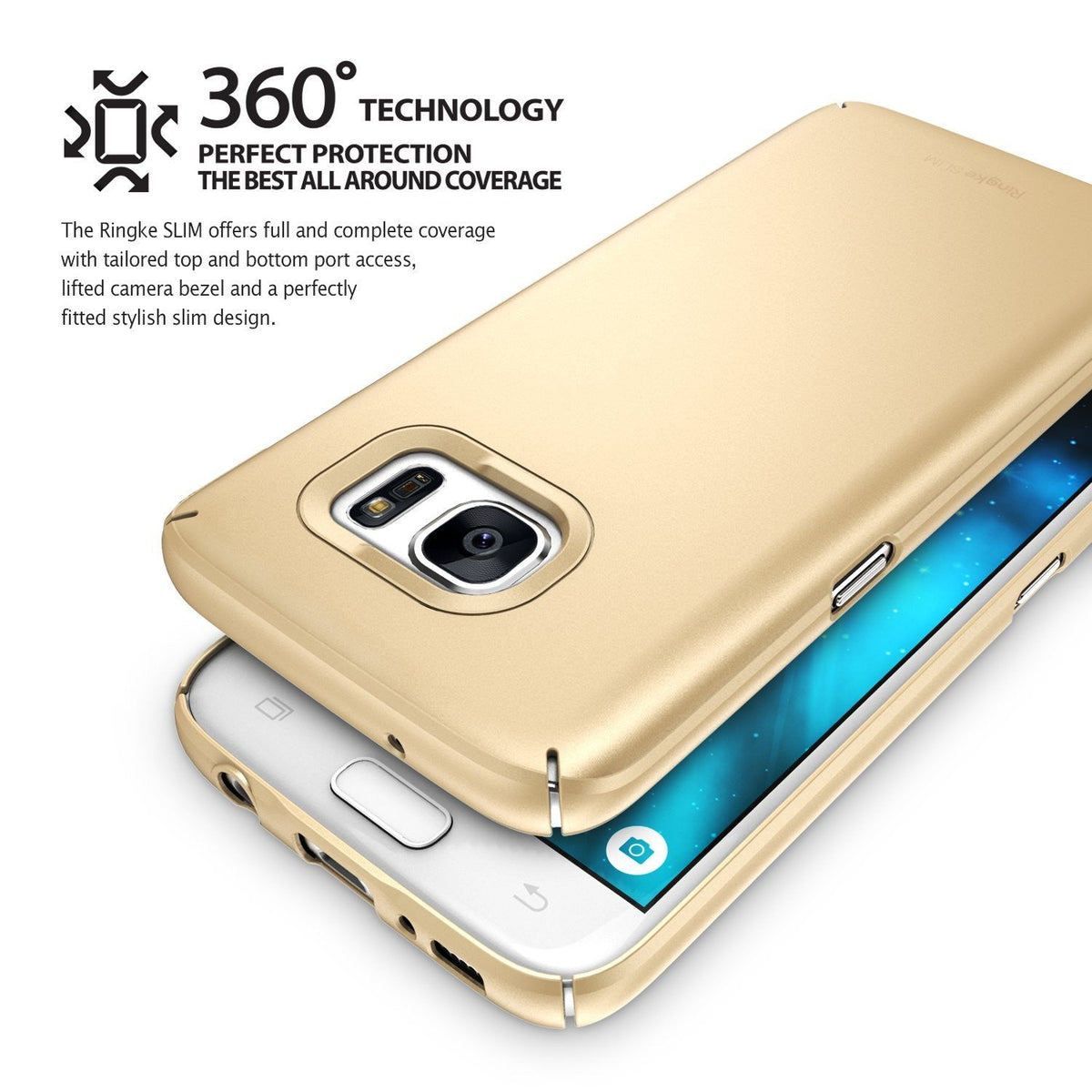 Galaxy S7 Case | Slim - Gold slim-fit phone case on a white Galaxy S7 with 360-degree protection text overlay.