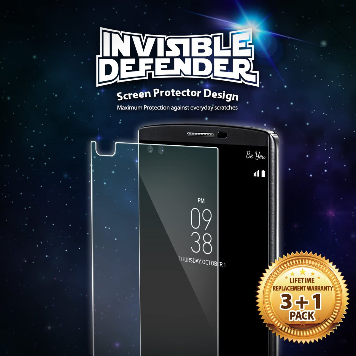 LG V10 Screen Protector | Invisible Defender - Clear screen protector film positioned over an LG V10 smartphone.