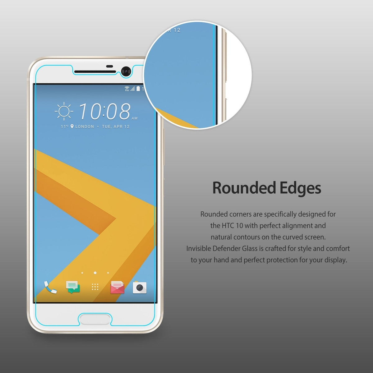 HTC 10 Screen Protector | Invisible Defender - HTC 10 Screen Protector - HTC 10 smartphone with a glass screen protector featuring a magnified view of its rounded edges.
