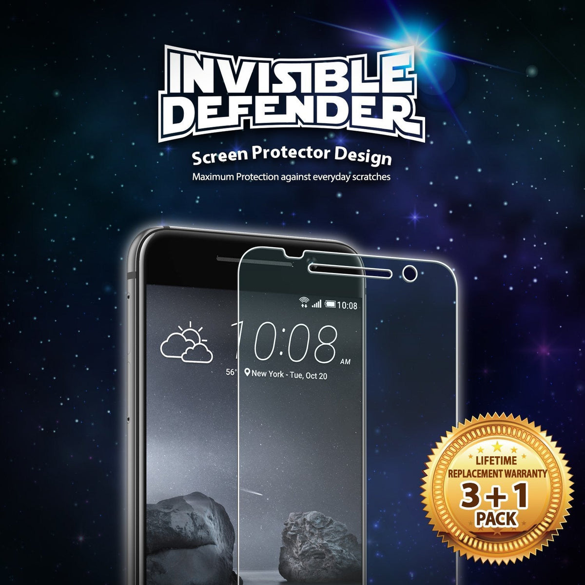 HTC One A9 Screen Protector | Invisible Defender - HTC One A9 Screen Protector - Invisible Defender screen protector for HTC One A9 with a 3+1 pack lifetime warranty badge.
