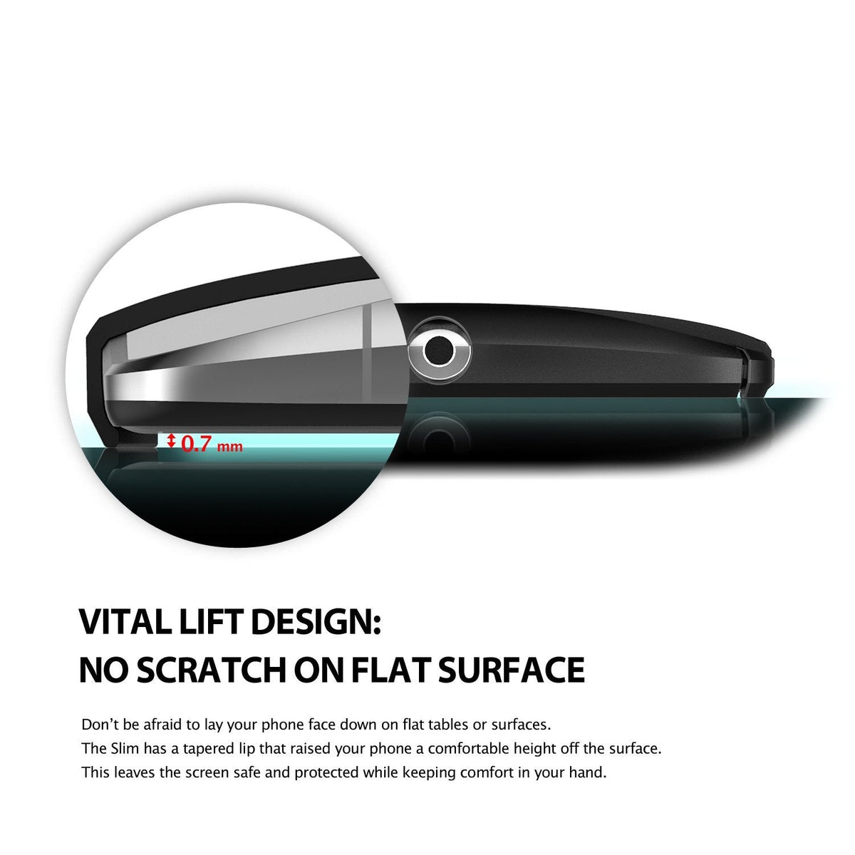 Google Nexus 6 Case | Slim - Close-up of a phone case edge showing a 0.7mm tapered lip to protect the screen on flat surfaces.