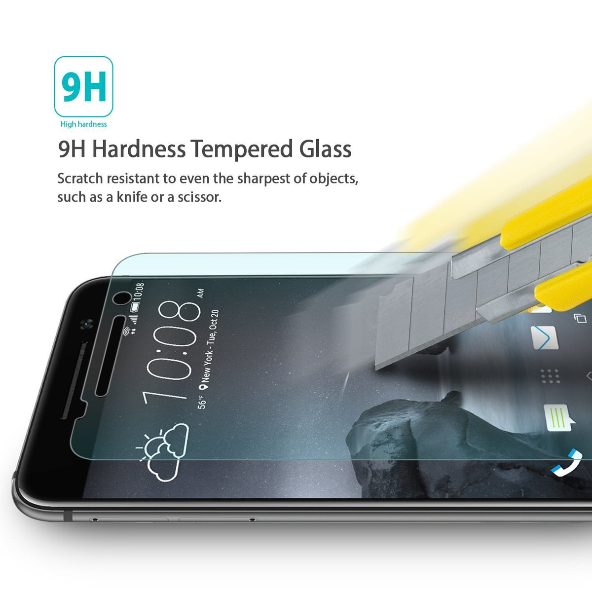 HTC One A9 Screen Protector | Invisible Defender Glass - HTC One A9 Screen Protector - A utility knife blade scrapes across a 9H tempered glass screen protector on a smartphone.