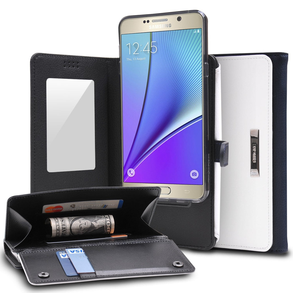 Galaxy Note 5 Case | Wallet - Black and white leather wallet case holding a Samsung phone, credit cards, and cash.