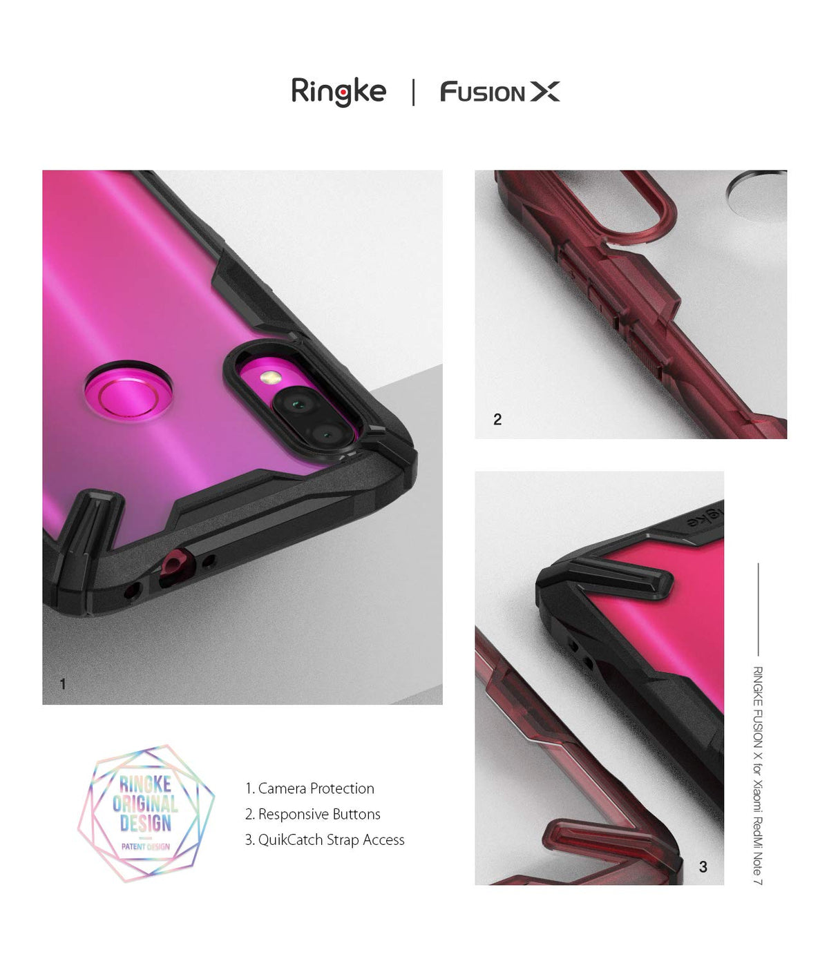 Redmi Note 7 / 7 Pro Case | Fusion-X - Close-up views of a rugged phone case highlighting camera protection, buttons, and strap access.