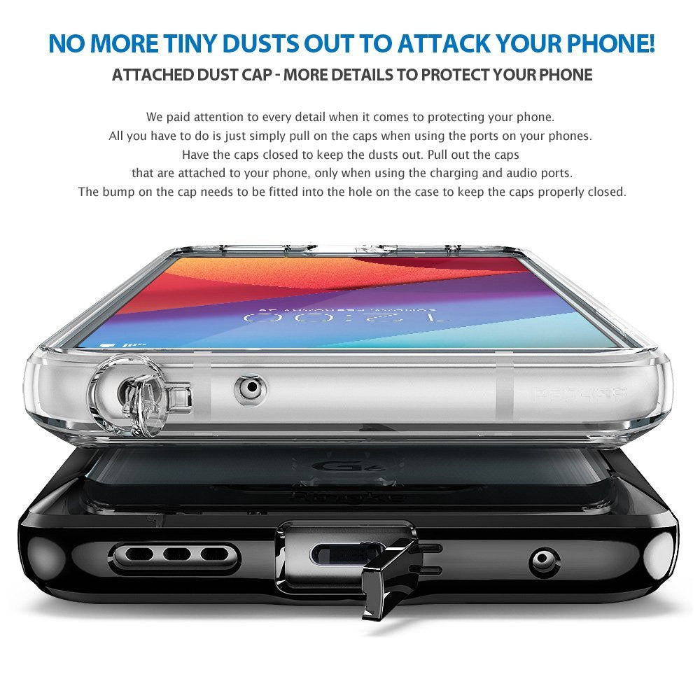 LG G6 Case | Fusion - Clear phone case with integrated dust caps for charging and audio ports shown from bottom angle.