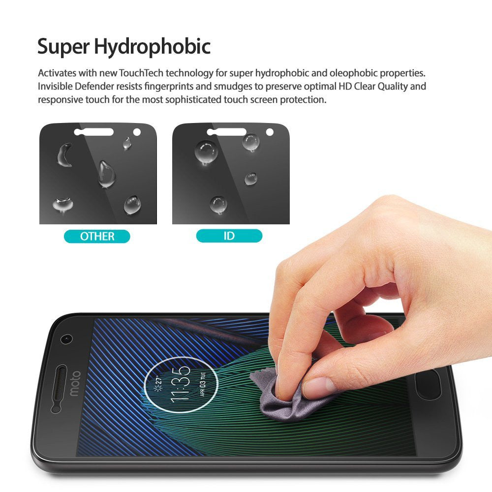 Moto G5 Plus Screen Protector | Film - Moto G5 Plus Screen Protector - Comparison of water-repellent screen films with a hand wiping a clean smartphone screen.