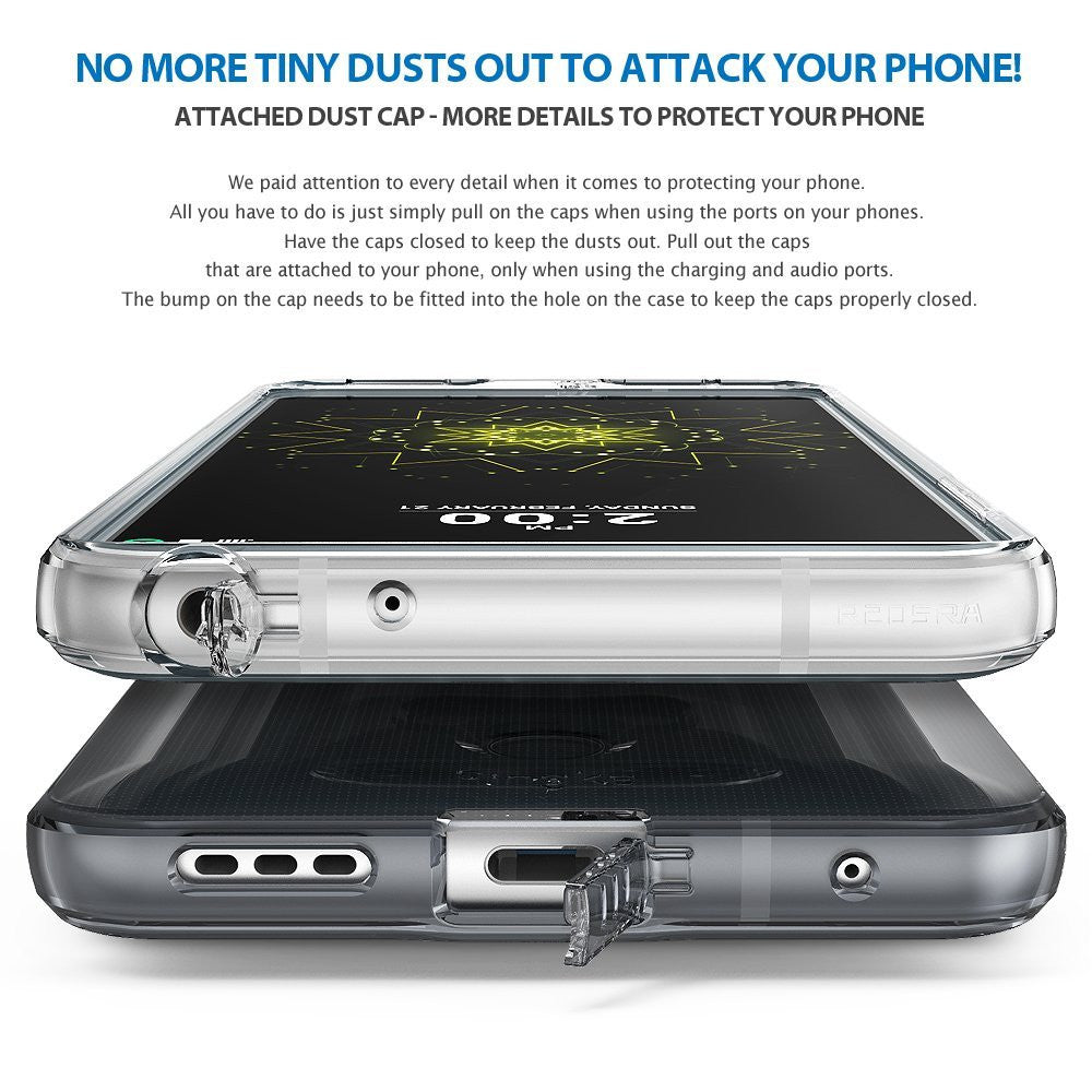 LG G6 Case | Air - Clear phone case with integrated dust caps covering the charging and audio ports.