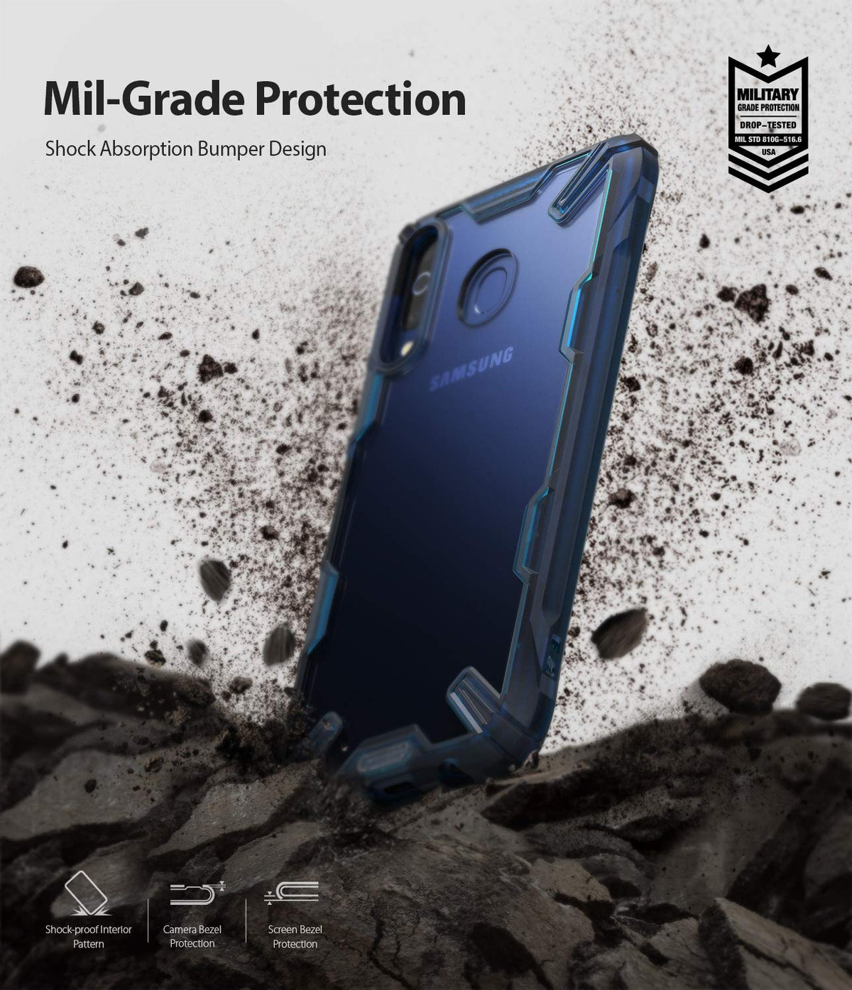 Galaxy M30 Case | Fusion-X - Blue phone case with shock-absorbent bumper floating above debris, highlighting military-grade protection.