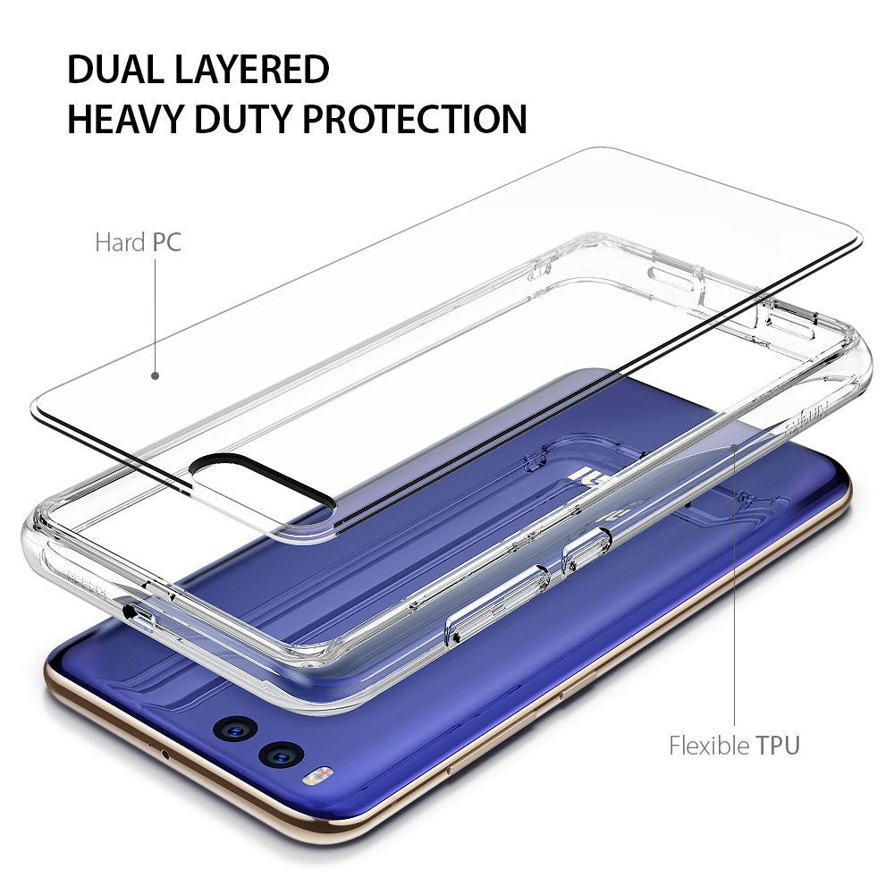 Mi 6 Case | Fusion - Exploded view showing a clear hard PC back panel separating from a flexible TPU bumper frame.