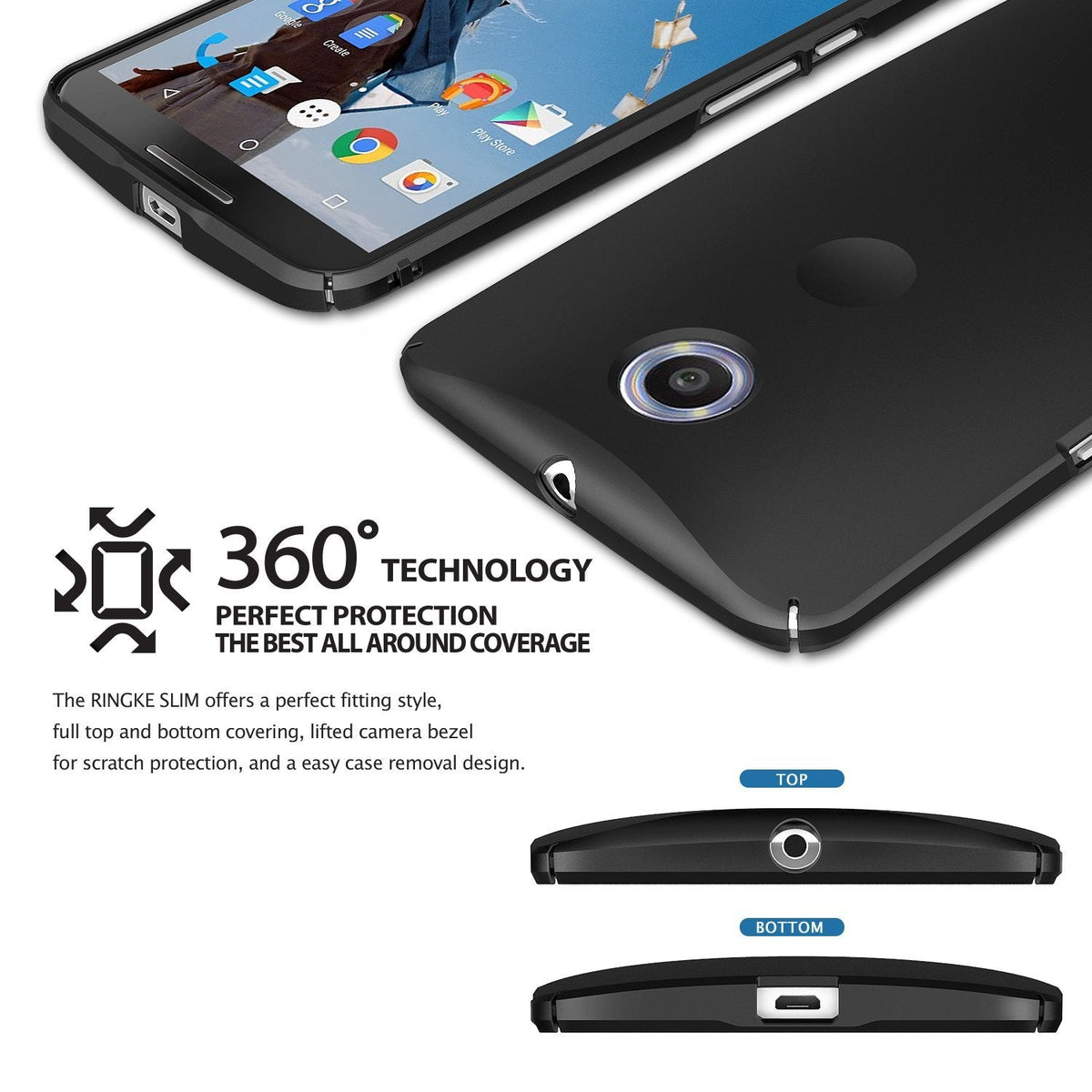 Google Nexus 6 Case | Slim - Matte black protective phone case shown from multiple angles with top and bottom port views.