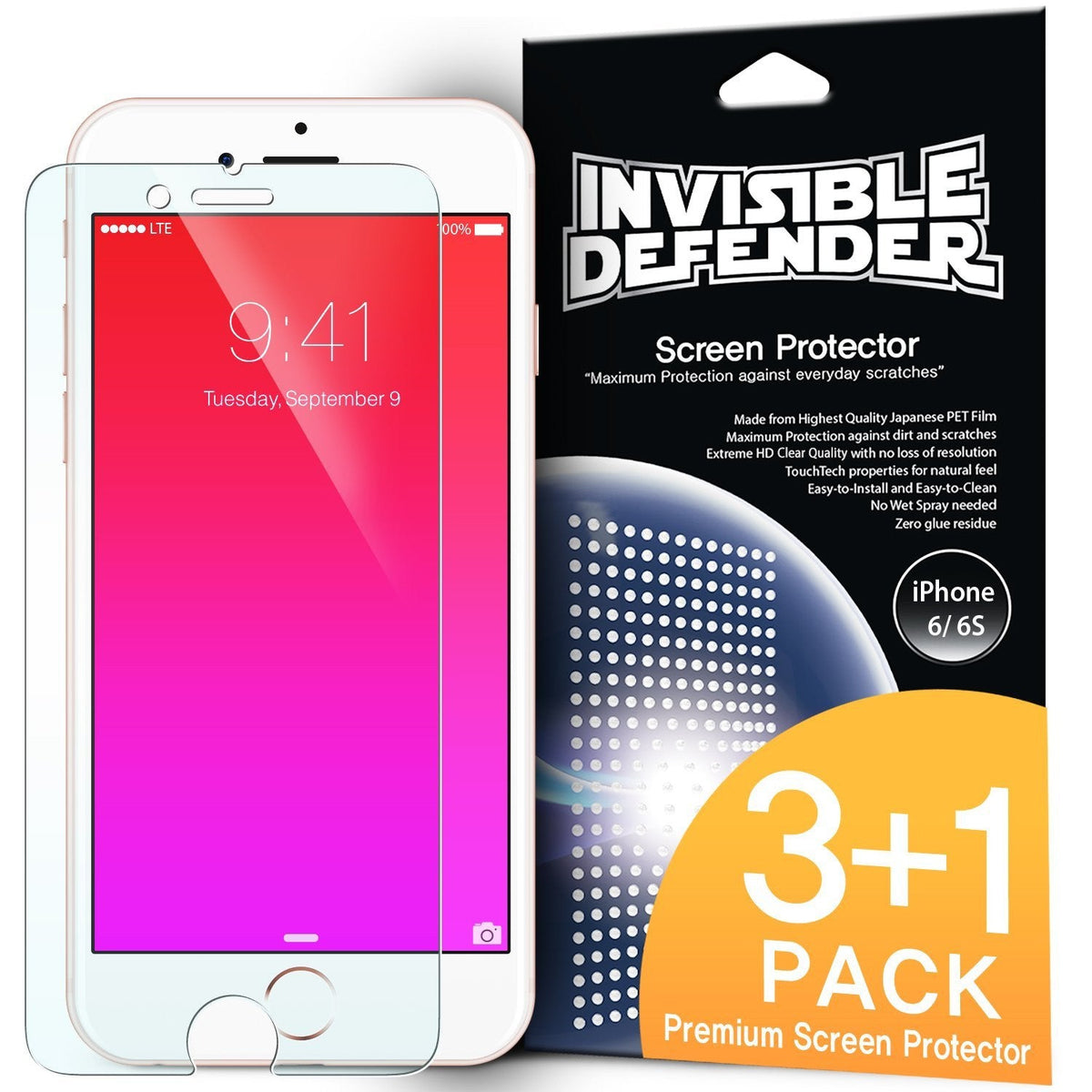 iPhone 6s Plus / 6 Plus Screen Protector | Invisible Defender - iPhone 6s Plus / 6 Plus Screen Protector - Invisible Defender 3+1 pack with clear screen protector and product packaging.