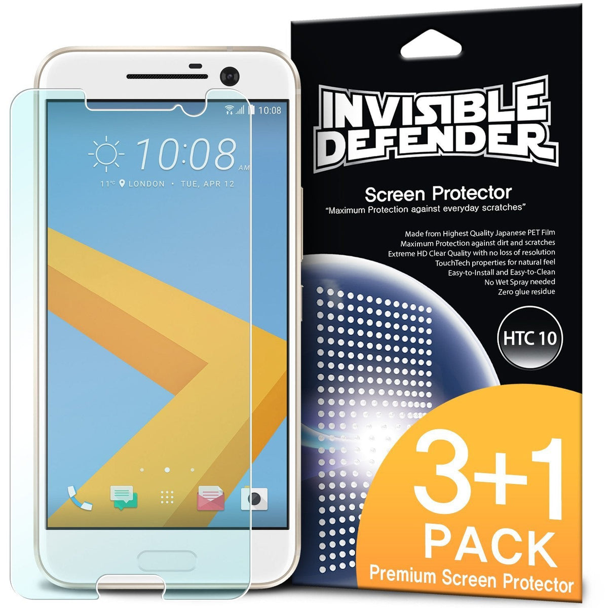 HTC 10 Screen Protector | Invisible Defender - HTC 10 smartphone with a clear screen protector next to its retail packaging.