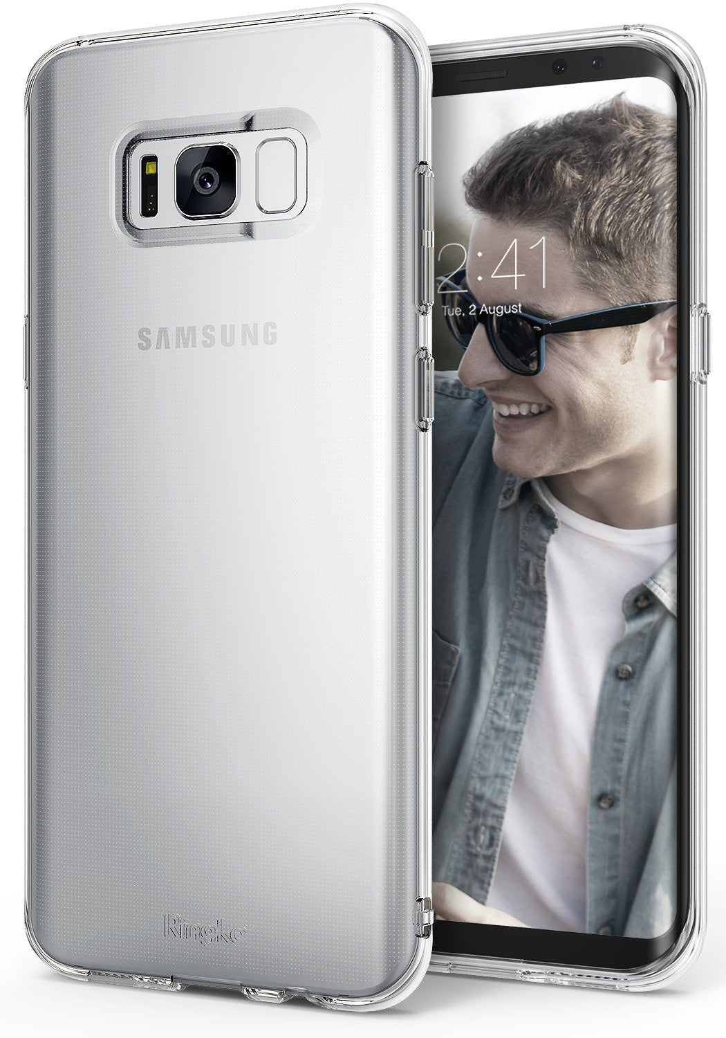 Galaxy S8 Case | Air - Clear protective phone case shown from the back and front with a man smiling on the screen.