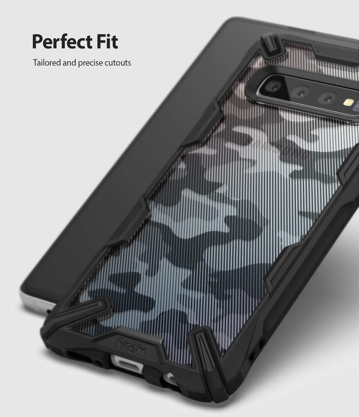 Galaxy S10 Case | Fusion-X Design - Black camouflage phone case with precise camera cutouts and textured grip edges.