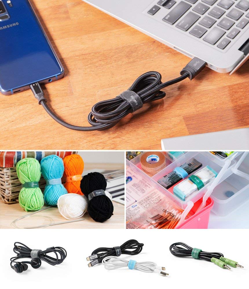 Magic Cable Tie - Multi-purpose silicone cable ties organizing charging cables, yarn balls, and small household items.