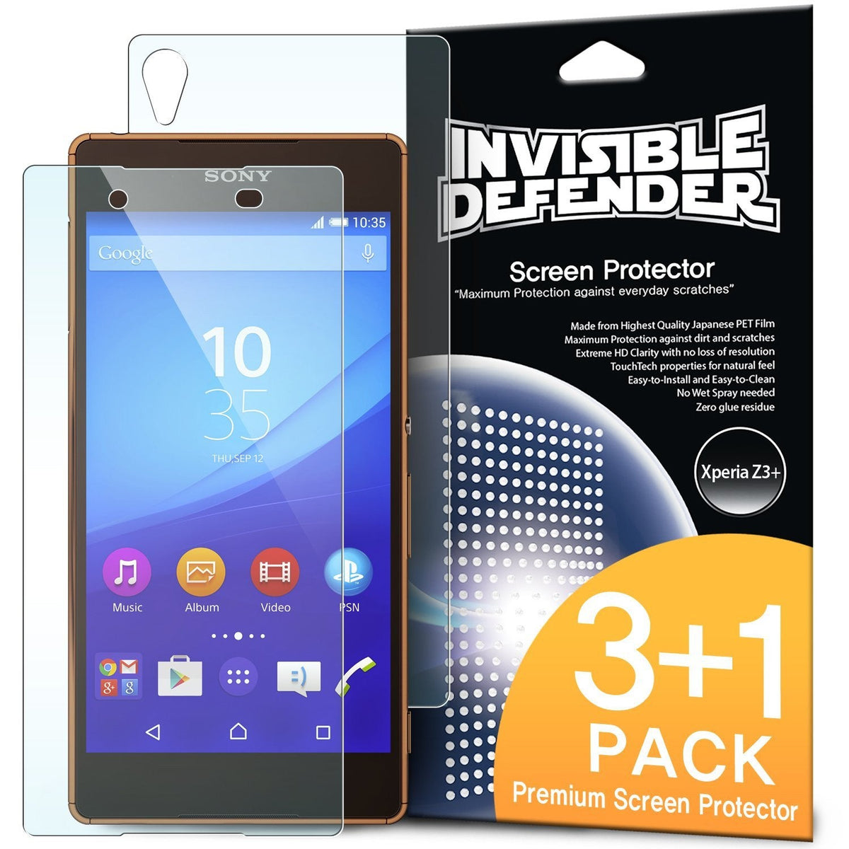 Xperia Z3 / Z3 Plus Screen Protector | Invisible Defender - Transparent screen protector film over a Sony Xperia phone.