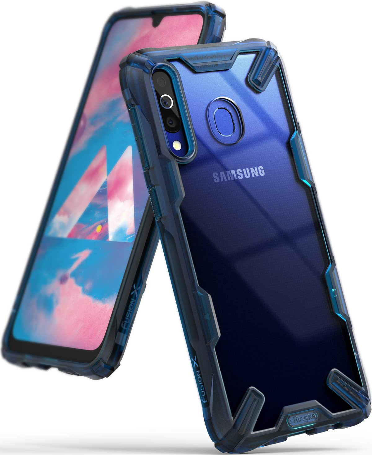 Galaxy M30 Case | Fusion-X - Blue transparent protective phone case with reinforced corners and a clear back panel.