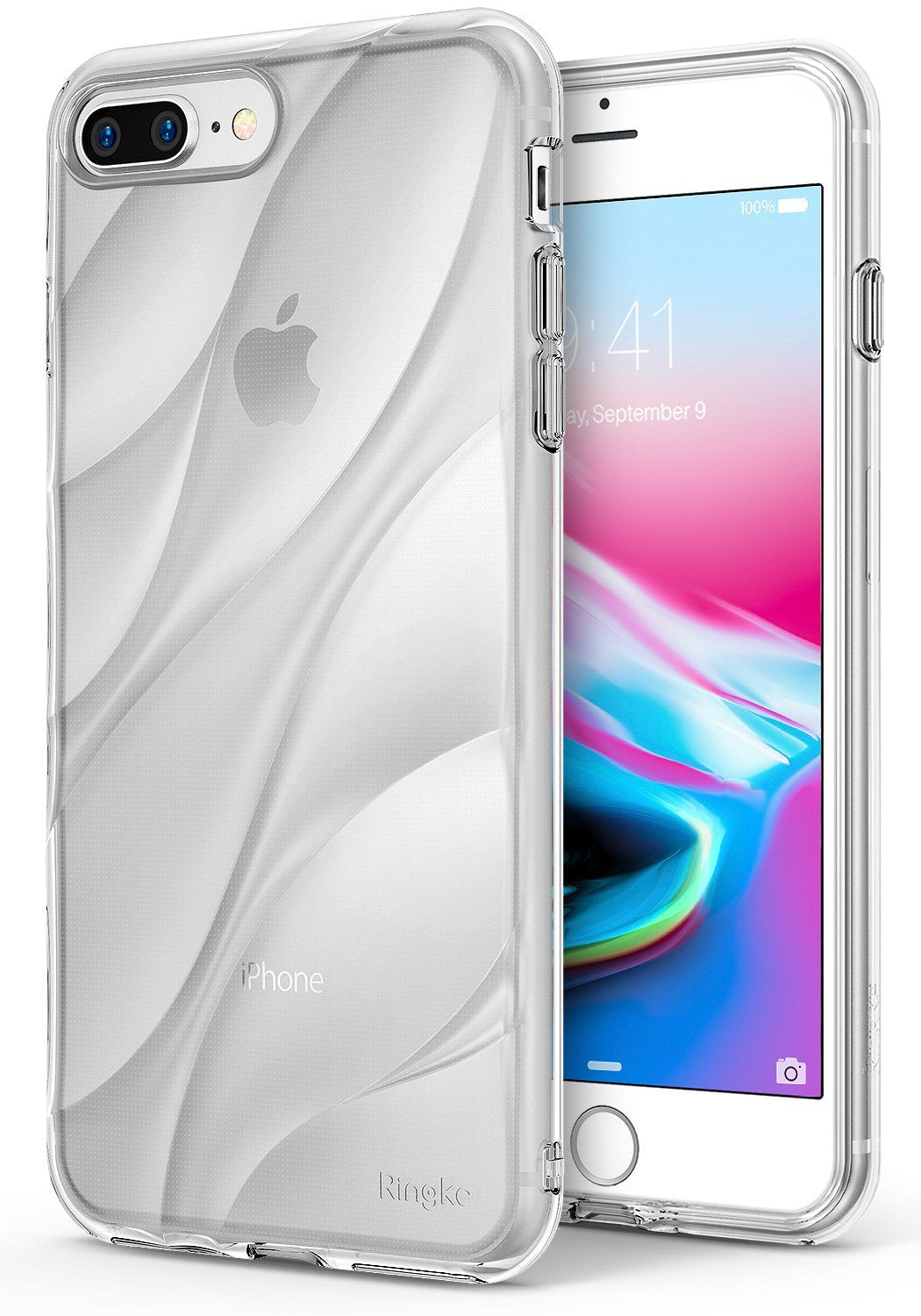 iPhone 8 Plus / 7 Plus Case | Flow - Clear protective phone case with a wavy, textured design on the back, shown on an iPhone.