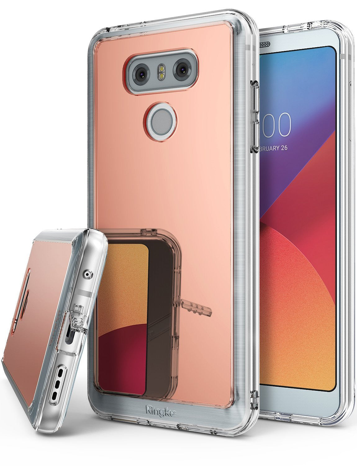 LG G6 Case | Mirror - Rose gold reflective phone case with clear bumper, shown on an LG G6 phone from front and back.