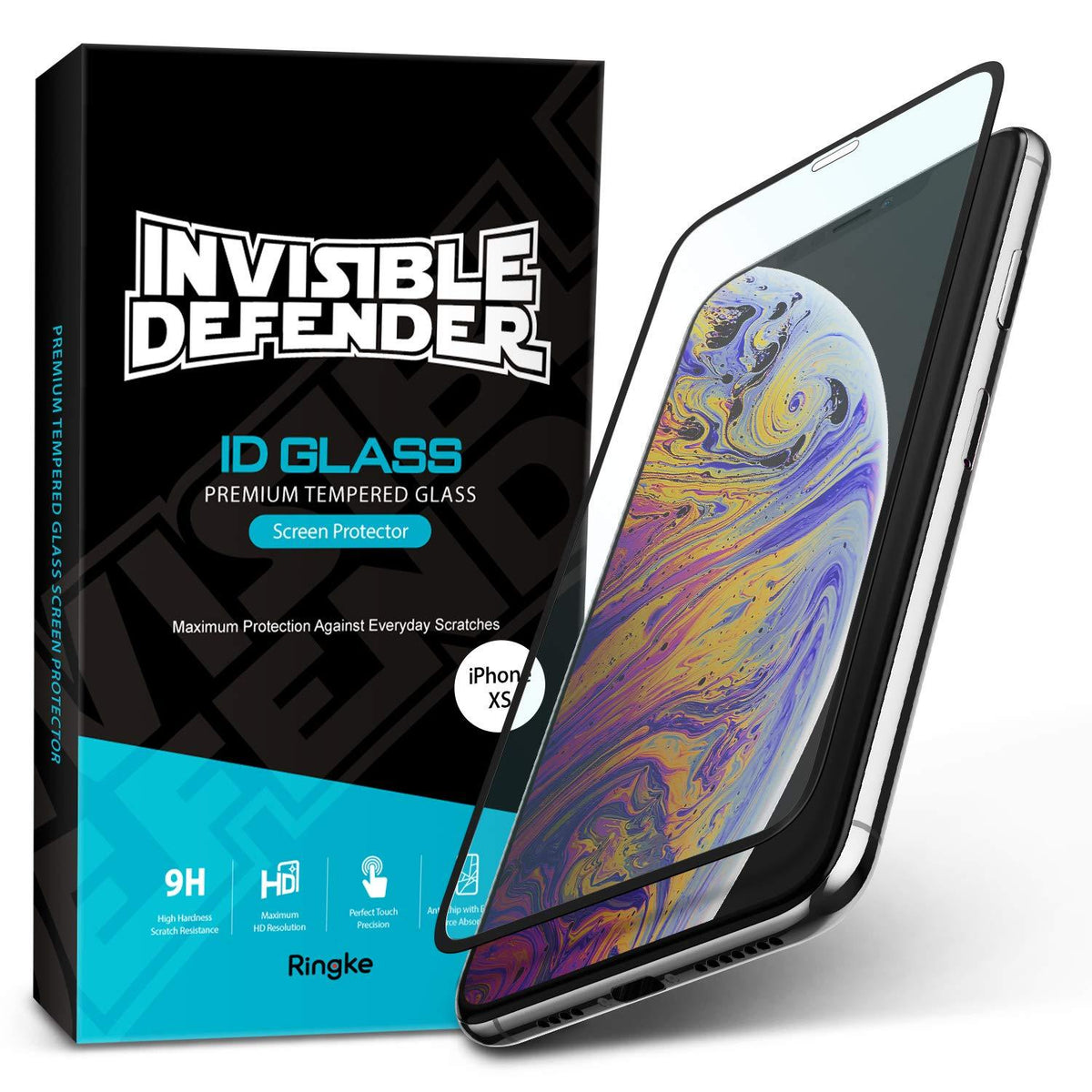 iPhone XS Screen Protector | Invisible Defender Glass - iPhone XS Screen Protector - Invisible Defender glass packaging next to an iPhone XS with a screen protector being applied.