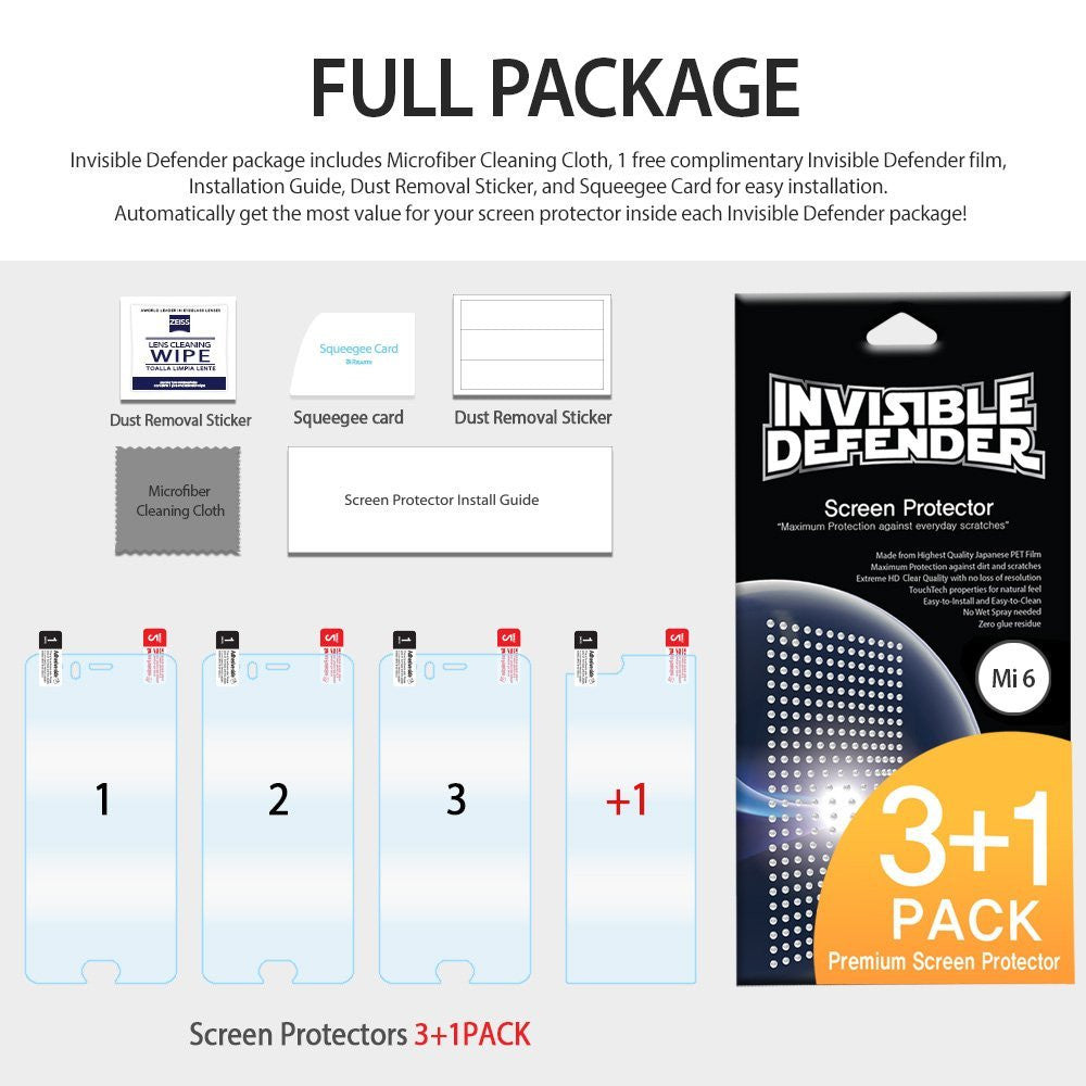 Xiaomi Mi 6 Screen Protector | Invisible Defender - Xiaomi Mi 6 Screen Protector - Invisible Defender 3+1 pack with cleaning cloth, squeegee, dust stickers, and install guide.
