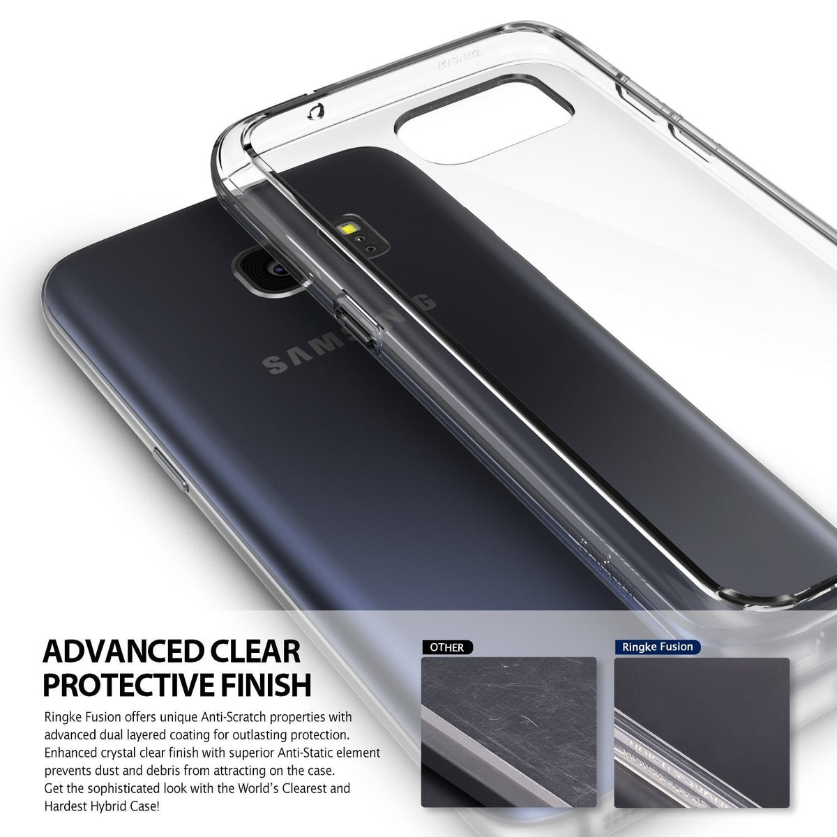 Galaxy S7 Case | Fusion - Clear protective phone case hovering over a black Samsung Galaxy S7 with scratch-comparison insets.