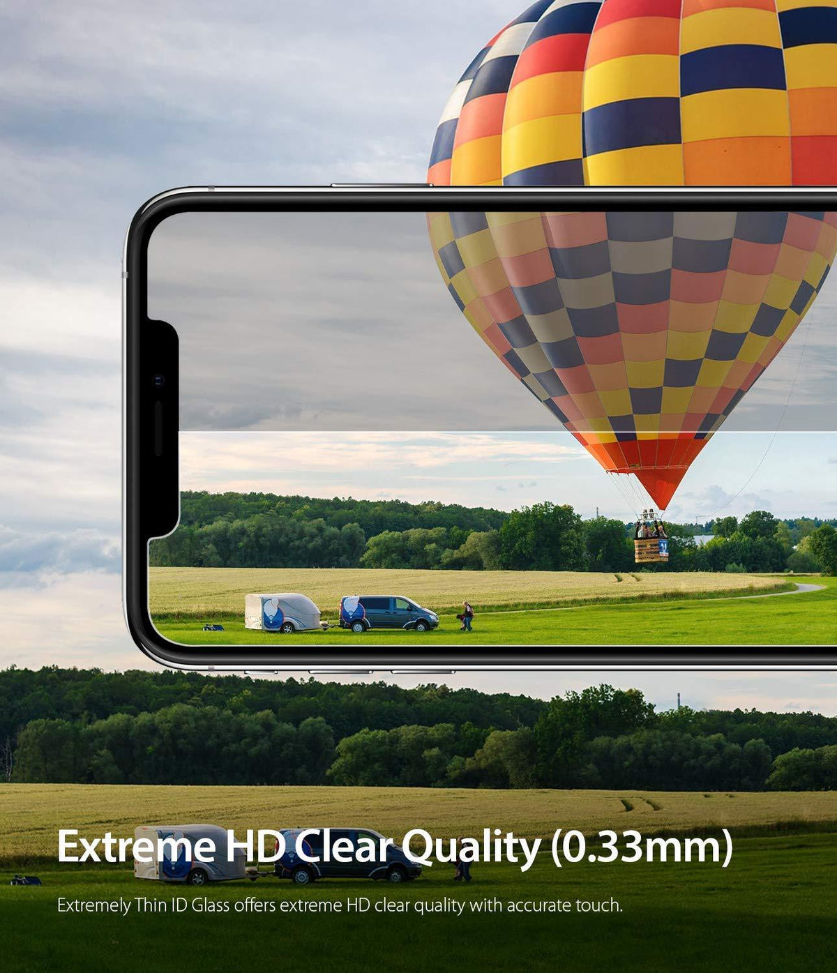 iPhone XS Max Screen Protector | Invisible Defender Glass - iPhone XS Max Screen Protector | Smartphone screen displaying a vibrant hot air balloon over a field with high clarity.